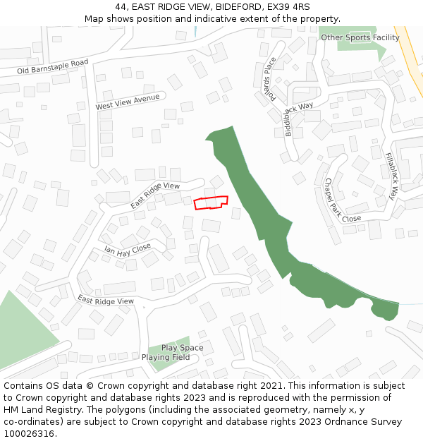 44, EAST RIDGE VIEW, BIDEFORD, EX39 4RS: Location map and indicative extent of plot