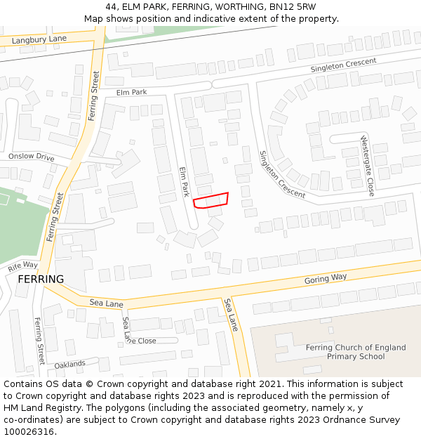 44, ELM PARK, FERRING, WORTHING, BN12 5RW: Location map and indicative extent of plot