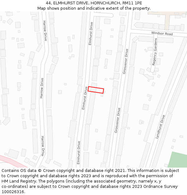 44, ELMHURST DRIVE, HORNCHURCH, RM11 1PE: Location map and indicative extent of plot