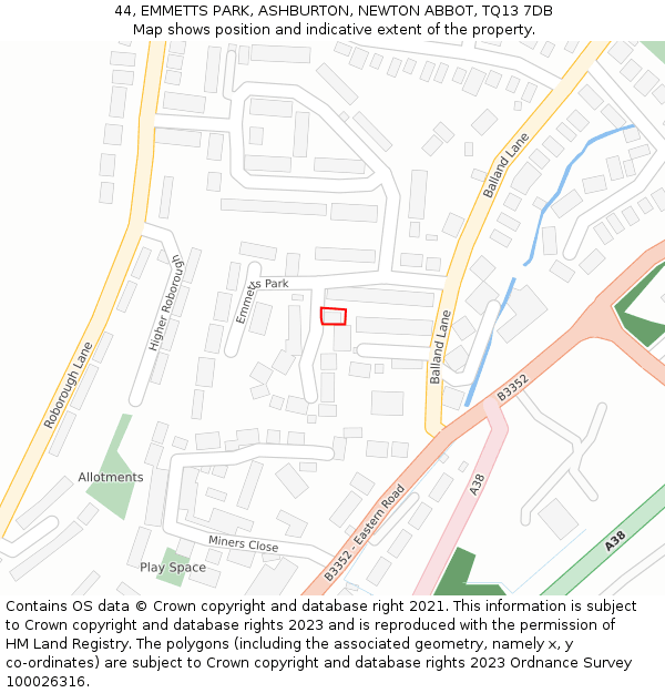 44, EMMETTS PARK, ASHBURTON, NEWTON ABBOT, TQ13 7DB: Location map and indicative extent of plot