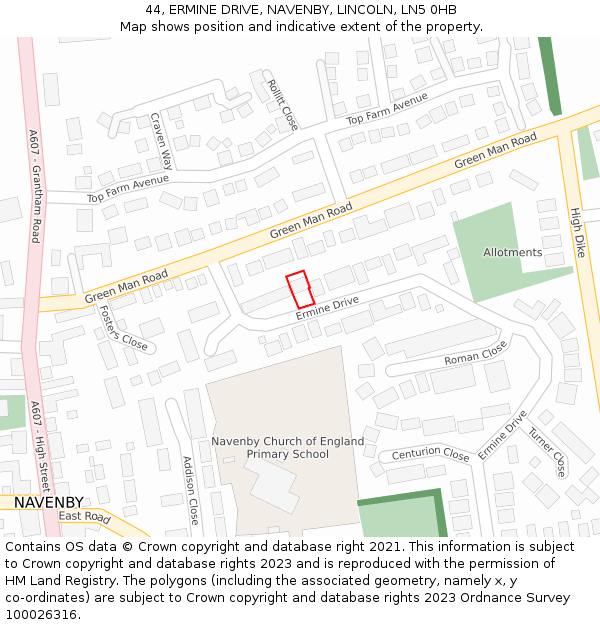 44, ERMINE DRIVE, NAVENBY, LINCOLN, LN5 0HB: Location map and indicative extent of plot