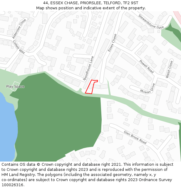 44, ESSEX CHASE, PRIORSLEE, TELFORD, TF2 9ST: Location map and indicative extent of plot