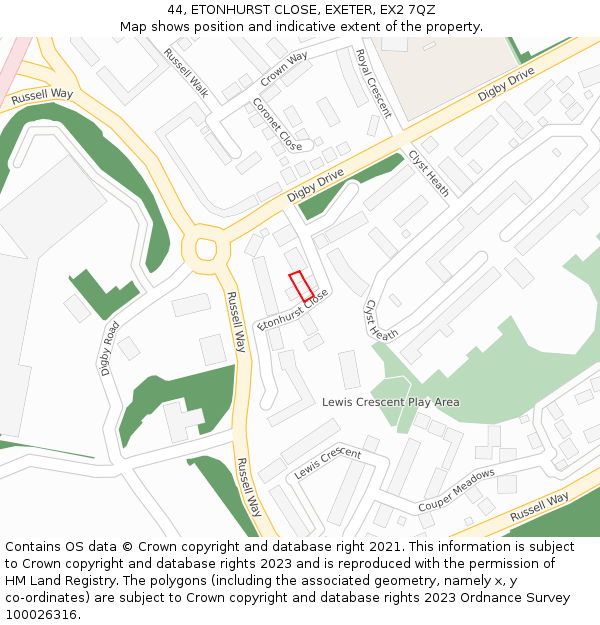 44, ETONHURST CLOSE, EXETER, EX2 7QZ: Location map and indicative extent of plot