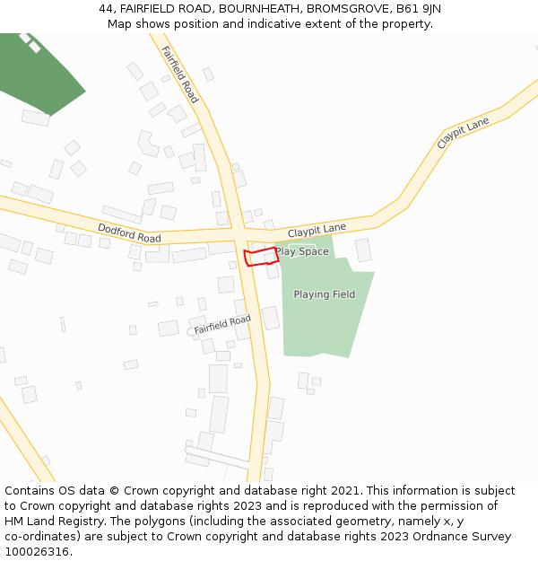 44, FAIRFIELD ROAD, BOURNHEATH, BROMSGROVE, B61 9JN: Location map and indicative extent of plot