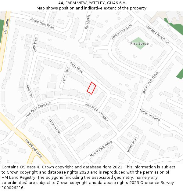 44, FARM VIEW, YATELEY, GU46 6JA: Location map and indicative extent of plot