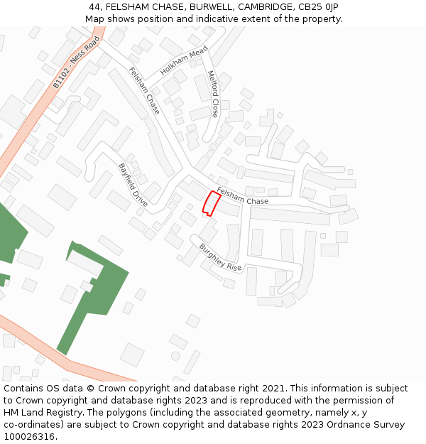 44, FELSHAM CHASE, BURWELL, CAMBRIDGE, CB25 0JP: Location map and indicative extent of plot