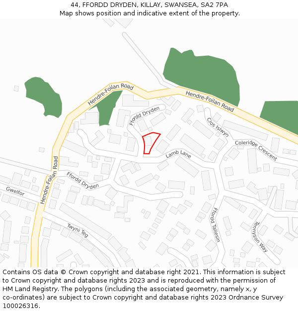 44, FFORDD DRYDEN, KILLAY, SWANSEA, SA2 7PA: Location map and indicative extent of plot