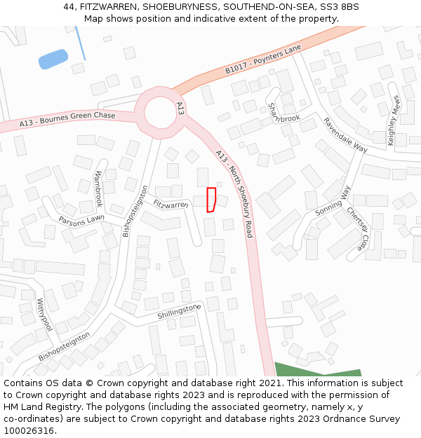 44, FITZWARREN, SHOEBURYNESS, SOUTHEND-ON-SEA, SS3 8BS: Location map and indicative extent of plot