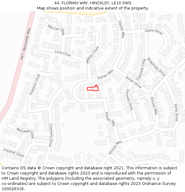 44, FLORIAN WAY, HINCKLEY, LE10 0WG: Location map and indicative extent of plot