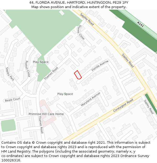 44, FLORIDA AVENUE, HARTFORD, HUNTINGDON, PE29 1PY: Location map and indicative extent of plot