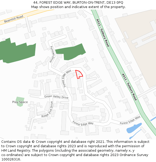 44, FOREST EDGE WAY, BURTON-ON-TRENT, DE13 0PQ: Location map and indicative extent of plot