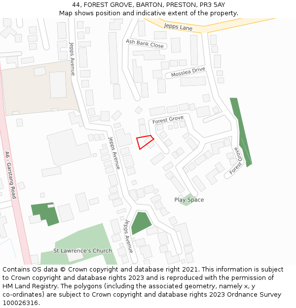 44, FOREST GROVE, BARTON, PRESTON, PR3 5AY: Location map and indicative extent of plot