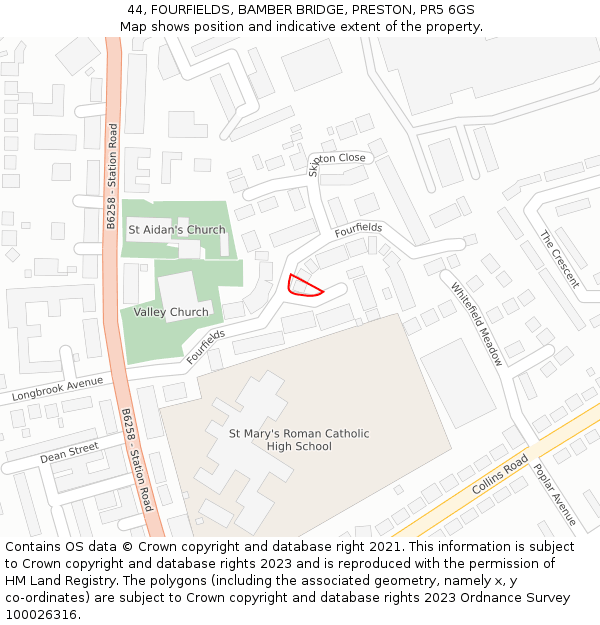 44, FOURFIELDS, BAMBER BRIDGE, PRESTON, PR5 6GS: Location map and indicative extent of plot