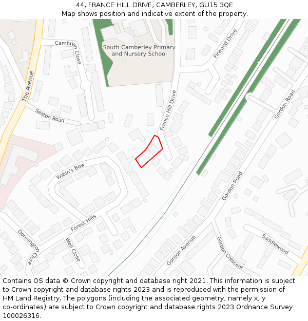 44, FRANCE HILL DRIVE, CAMBERLEY, GU15 3QE: Location map and indicative extent of plot