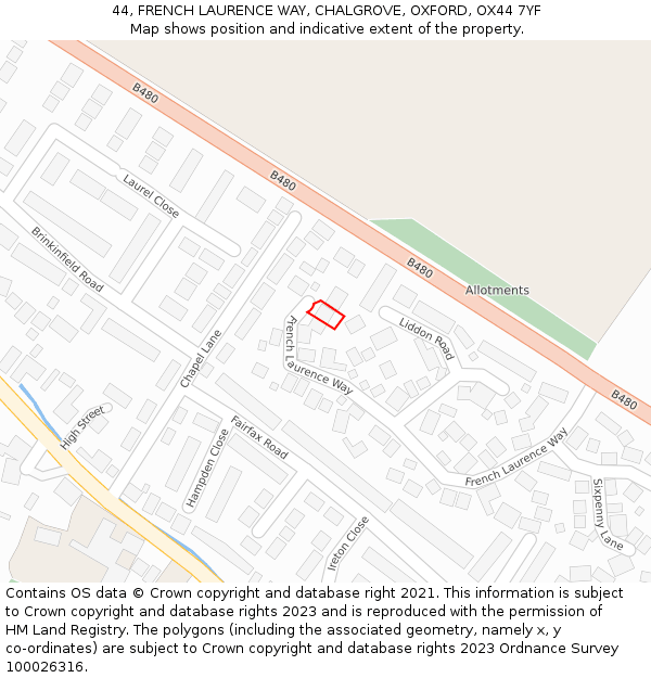 44, FRENCH LAURENCE WAY, CHALGROVE, OXFORD, OX44 7YF: Location map and indicative extent of plot