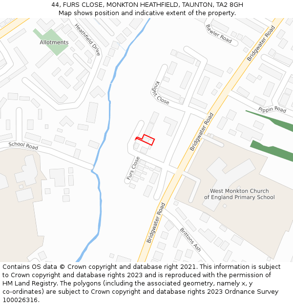 44, FURS CLOSE, MONKTON HEATHFIELD, TAUNTON, TA2 8GH: Location map and indicative extent of plot