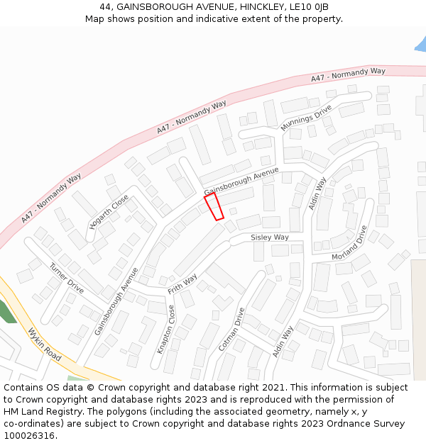 44, GAINSBOROUGH AVENUE, HINCKLEY, LE10 0JB: Location map and indicative extent of plot