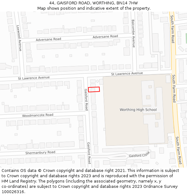 44, GAISFORD ROAD, WORTHING, BN14 7HW: Location map and indicative extent of plot