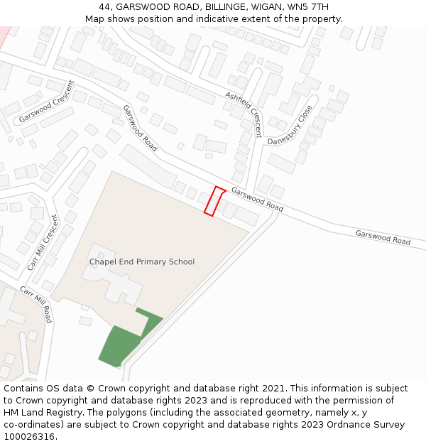 44, GARSWOOD ROAD, BILLINGE, WIGAN, WN5 7TH: Location map and indicative extent of plot