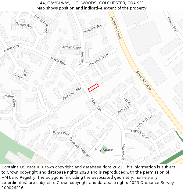 44, GAVIN WAY, HIGHWOODS, COLCHESTER, CO4 9FF: Location map and indicative extent of plot