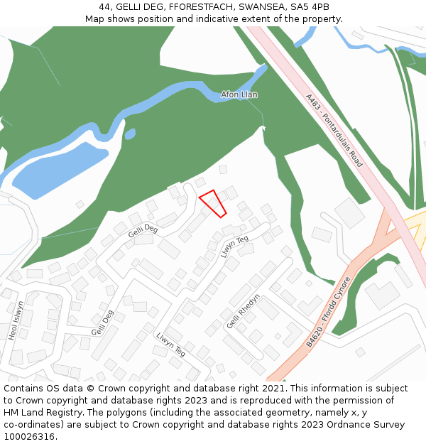 44, GELLI DEG, FFORESTFACH, SWANSEA, SA5 4PB: Location map and indicative extent of plot