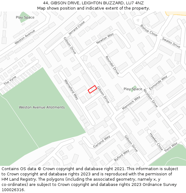 44, GIBSON DRIVE, LEIGHTON BUZZARD, LU7 4NZ: Location map and indicative extent of plot