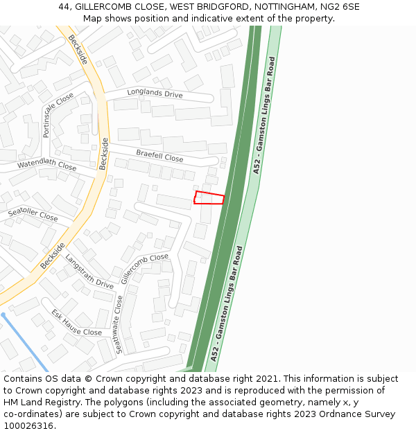 44, GILLERCOMB CLOSE, WEST BRIDGFORD, NOTTINGHAM, NG2 6SE: Location map and indicative extent of plot