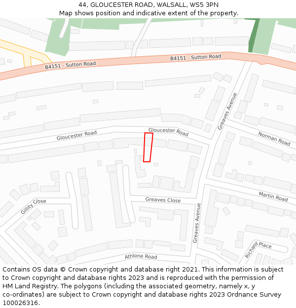44, GLOUCESTER ROAD, WALSALL, WS5 3PN: Location map and indicative extent of plot