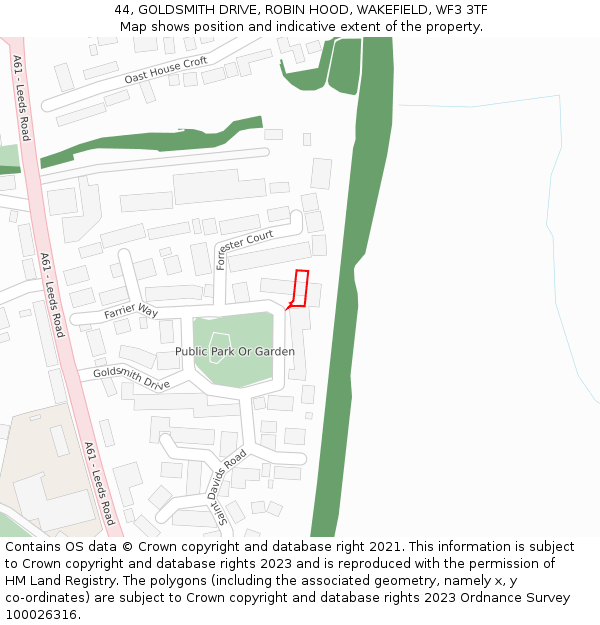44, GOLDSMITH DRIVE, ROBIN HOOD, WAKEFIELD, WF3 3TF: Location map and indicative extent of plot