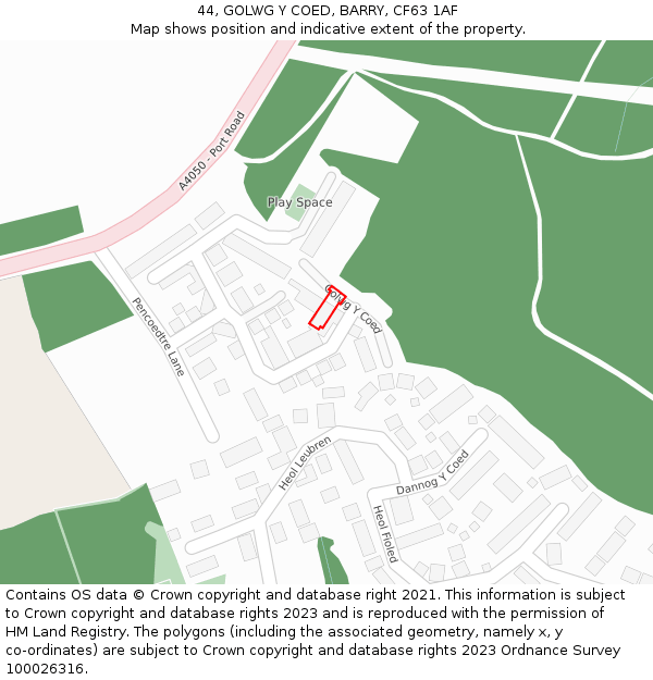 44, GOLWG Y COED, BARRY, CF63 1AF: Location map and indicative extent of plot