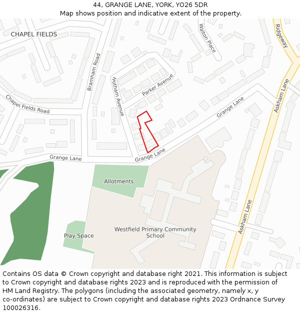 44, GRANGE LANE, YORK, YO26 5DR: Location map and indicative extent of plot