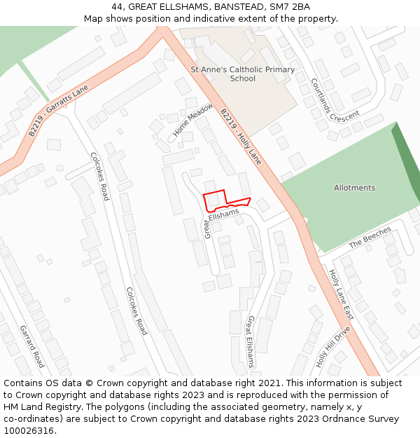 44, GREAT ELLSHAMS, BANSTEAD, SM7 2BA: Location map and indicative extent of plot