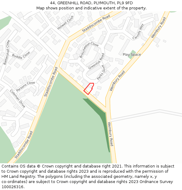 44, GREENHILL ROAD, PLYMOUTH, PL9 9FD: Location map and indicative extent of plot