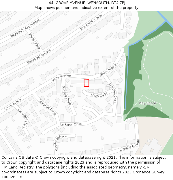 44, GROVE AVENUE, WEYMOUTH, DT4 7RJ: Location map and indicative extent of plot