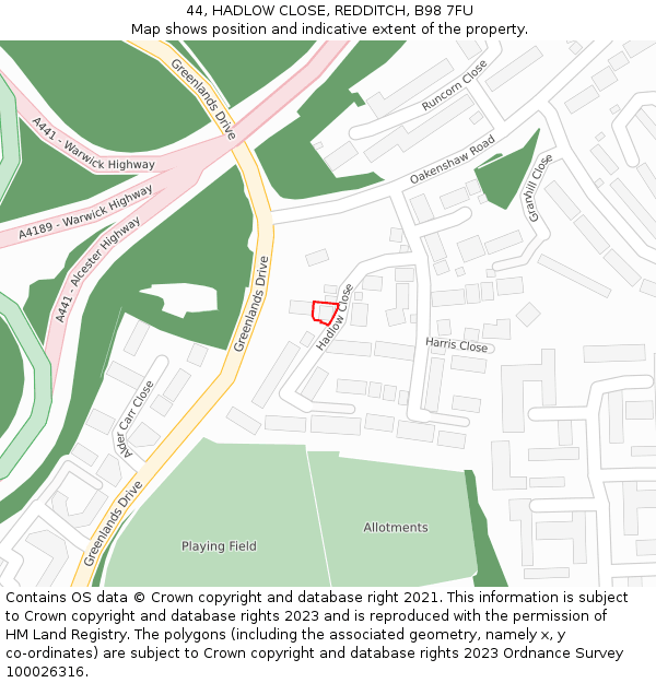 44, HADLOW CLOSE, REDDITCH, B98 7FU: Location map and indicative extent of plot