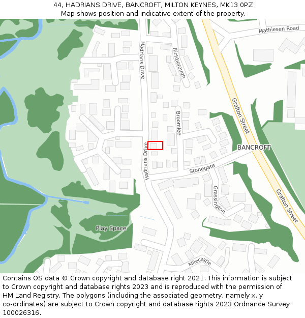 44, HADRIANS DRIVE, BANCROFT, MILTON KEYNES, MK13 0PZ: Location map and indicative extent of plot