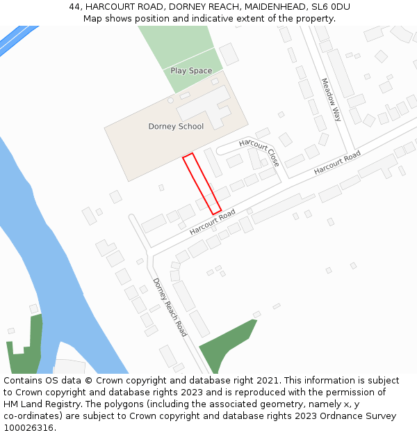 44, HARCOURT ROAD, DORNEY REACH, MAIDENHEAD, SL6 0DU: Location map and indicative extent of plot