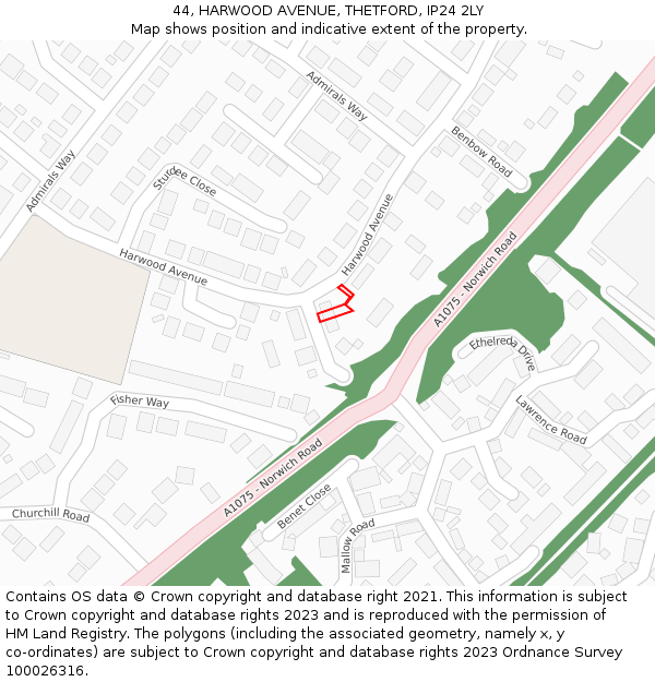 44, HARWOOD AVENUE, THETFORD, IP24 2LY: Location map and indicative extent of plot