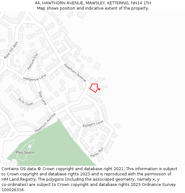 44, HAWTHORN AVENUE, MAWSLEY, KETTERING, NN14 1TH: Location map and indicative extent of plot