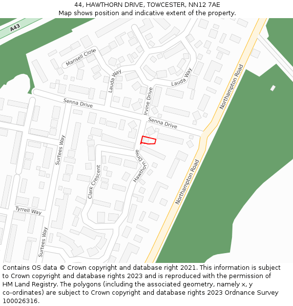 44, HAWTHORN DRIVE, TOWCESTER, NN12 7AE: Location map and indicative extent of plot