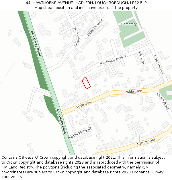 44, HAWTHORNE AVENUE, HATHERN, LOUGHBOROUGH, LE12 5LP: Location map and indicative extent of plot