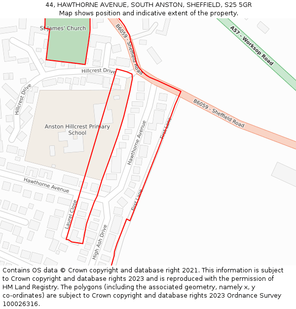 44, HAWTHORNE AVENUE, SOUTH ANSTON, SHEFFIELD, S25 5GR: Location map and indicative extent of plot