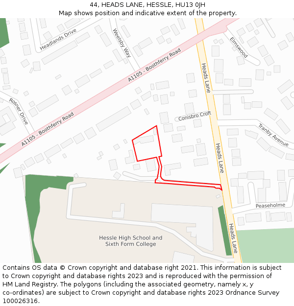 44, HEADS LANE, HESSLE, HU13 0JH: Location map and indicative extent of plot