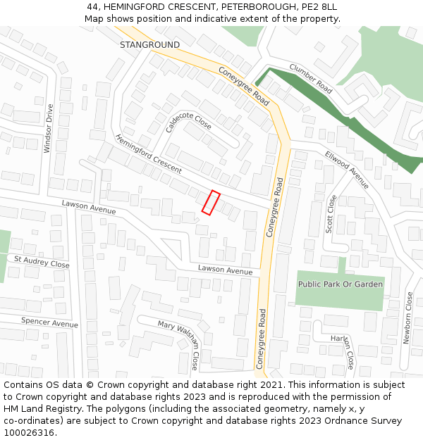 44, HEMINGFORD CRESCENT, PETERBOROUGH, PE2 8LL: Location map and indicative extent of plot