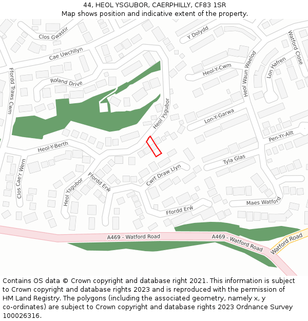 44, HEOL YSGUBOR, CAERPHILLY, CF83 1SR: Location map and indicative extent of plot