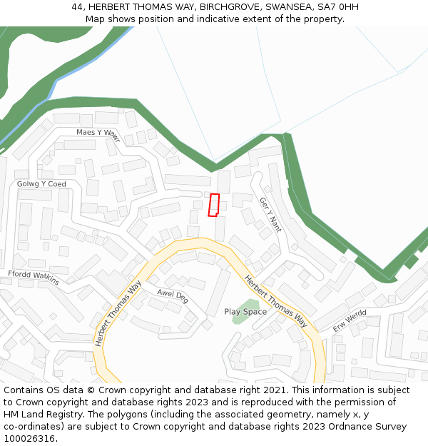 44, HERBERT THOMAS WAY, BIRCHGROVE, SWANSEA, SA7 0HH: Location map and indicative extent of plot