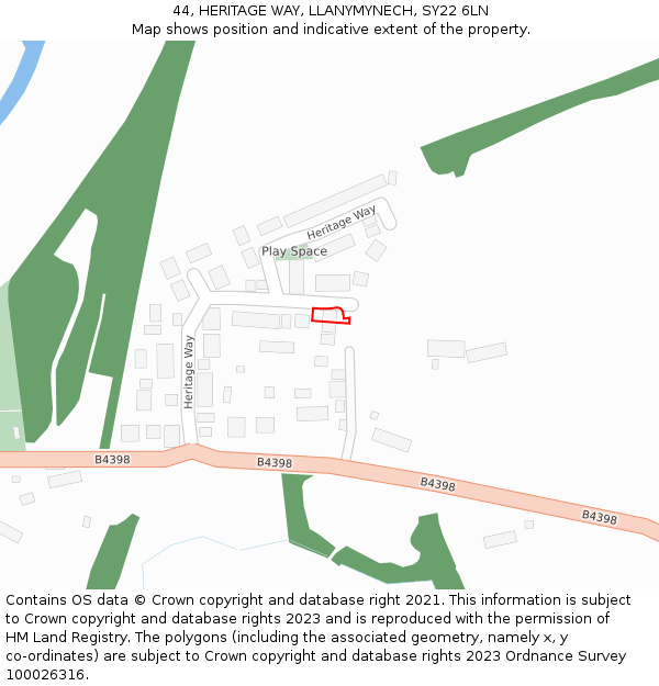 44, HERITAGE WAY, LLANYMYNECH, SY22 6LN: Location map and indicative extent of plot