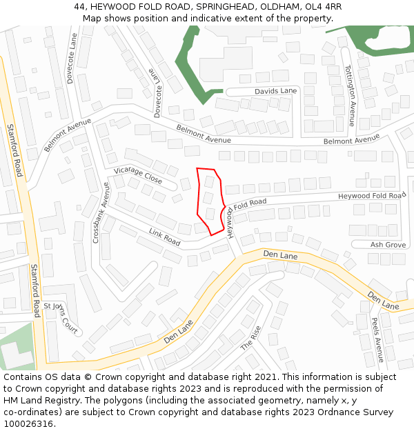 44, HEYWOOD FOLD ROAD, SPRINGHEAD, OLDHAM, OL4 4RR: Location map and indicative extent of plot