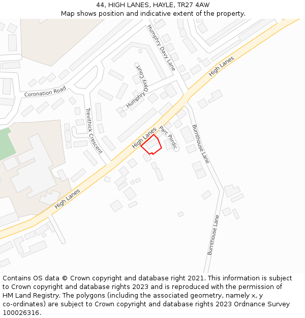 44, HIGH LANES, HAYLE, TR27 4AW: Location map and indicative extent of plot