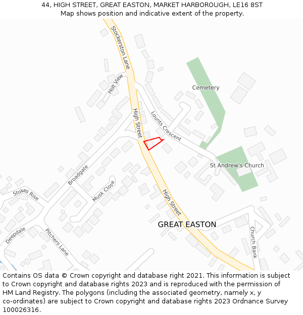 44, HIGH STREET, GREAT EASTON, MARKET HARBOROUGH, LE16 8ST: Location map and indicative extent of plot